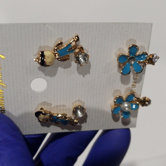 Gold Tone Blue Boy, Girl, and Flower Crystal Stud Earrings Set - Women's Jewelry - Picture 8 of 8